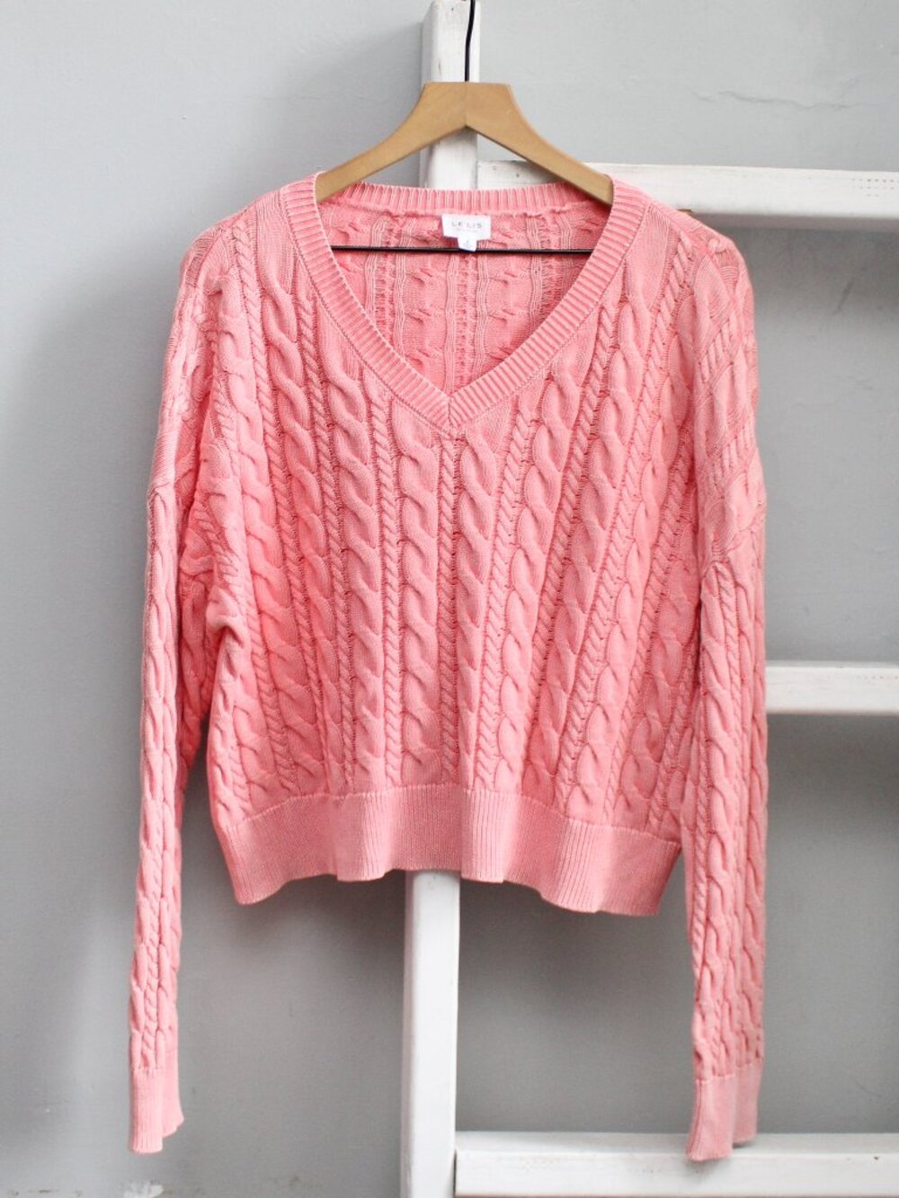 Le Lis Pink Cable Knit V-Neck Pullover Cotton Sweater Pink Size Small